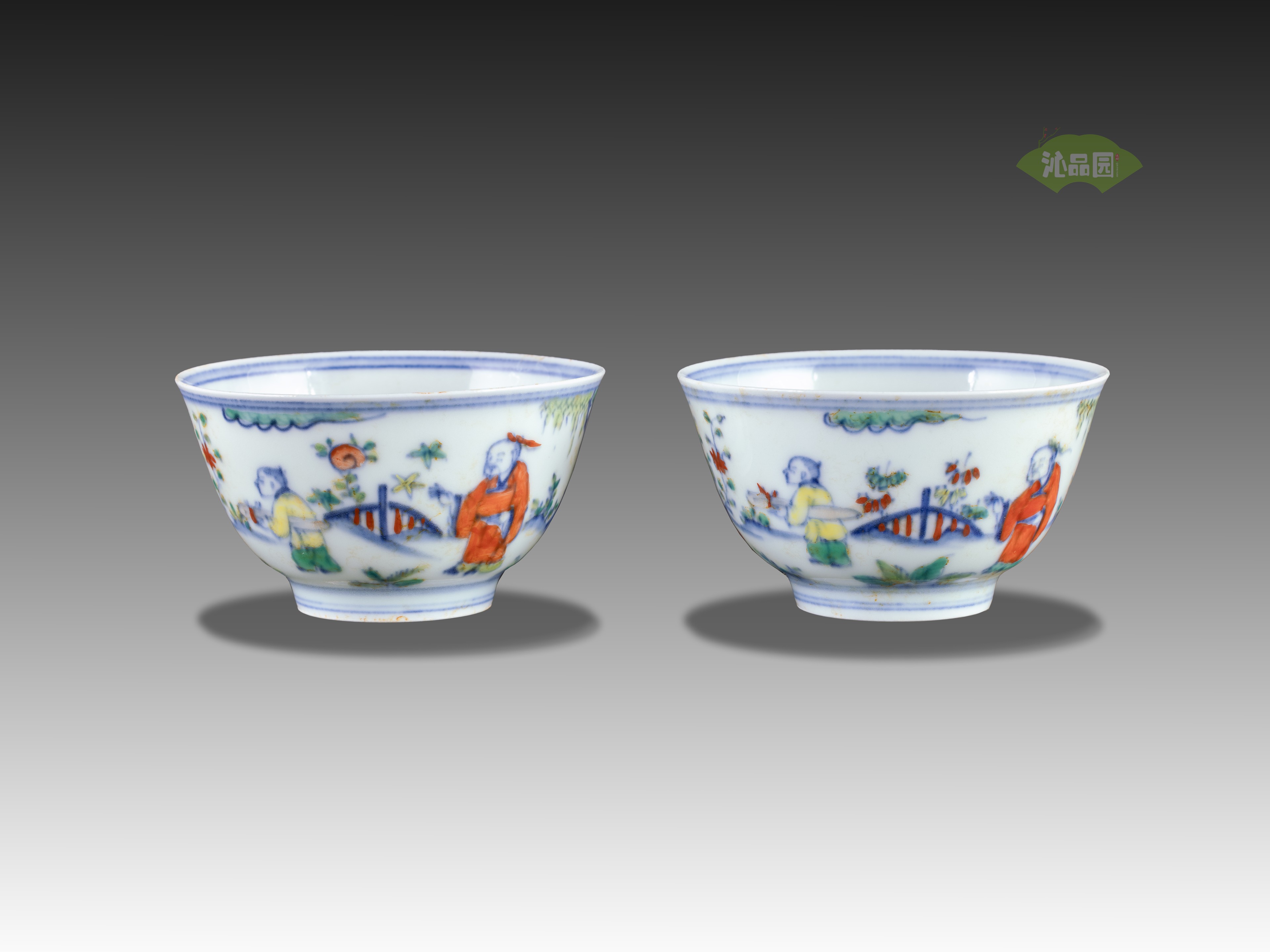 明成化 薄胎斗彩高士图杯（1对）